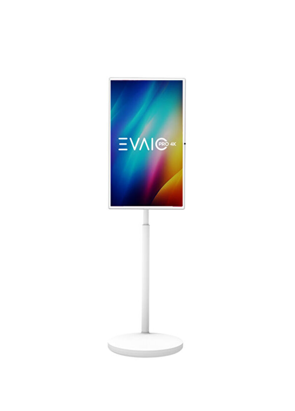 Renkli soyut bir tasarım gösteren bir LCD ekranlı beyaz bir teşhir standı. Ekran beyaz çerçeveli ve EVAIO PRO 4K logosuna sahip.
