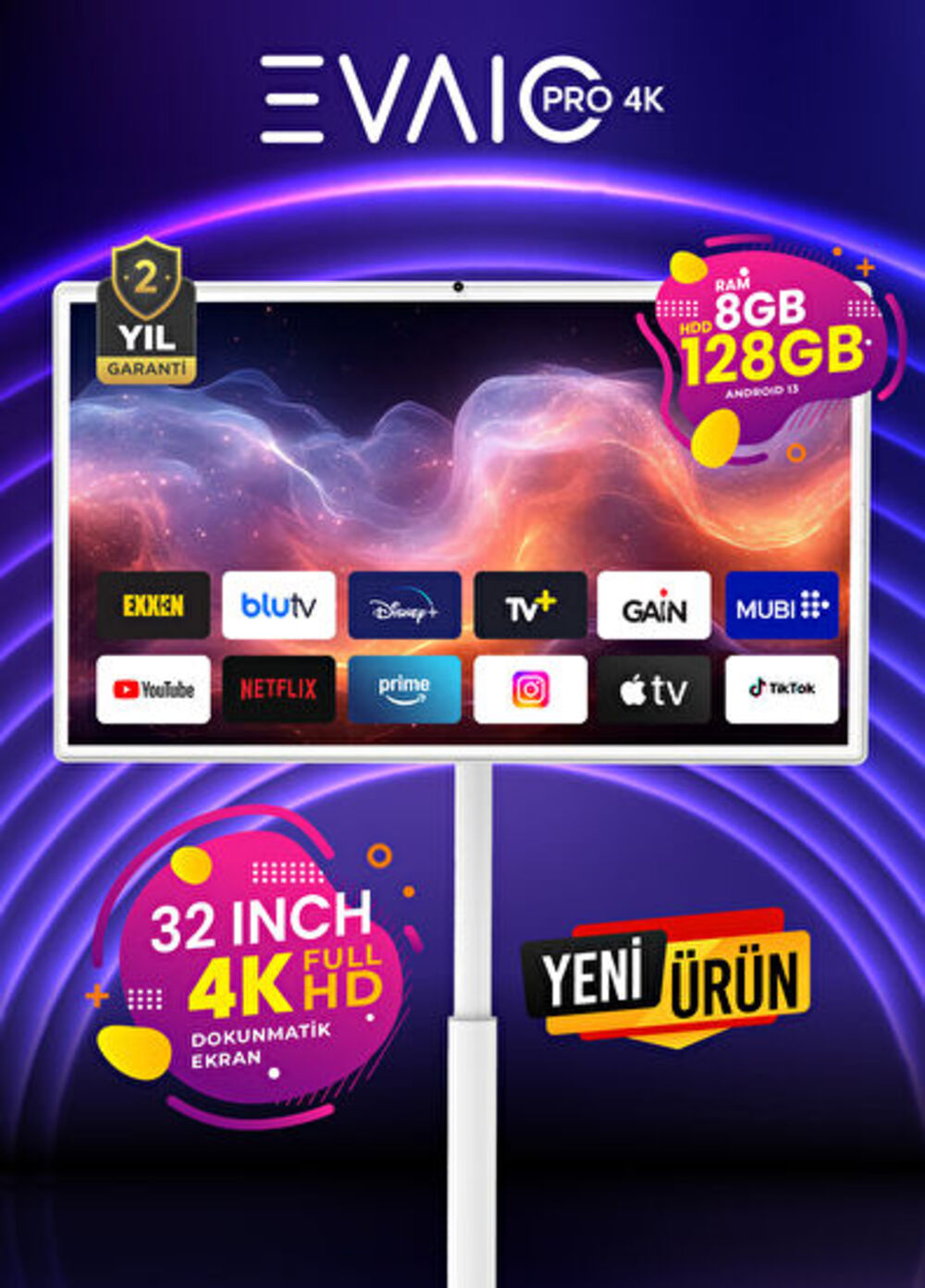 32 inç 4K HD akıllı TV. 8 GB RAM ve 128 GB depolama alanına sahip. Netflix, YouTube ve Disney+ gibi uygulamalar mevcut.