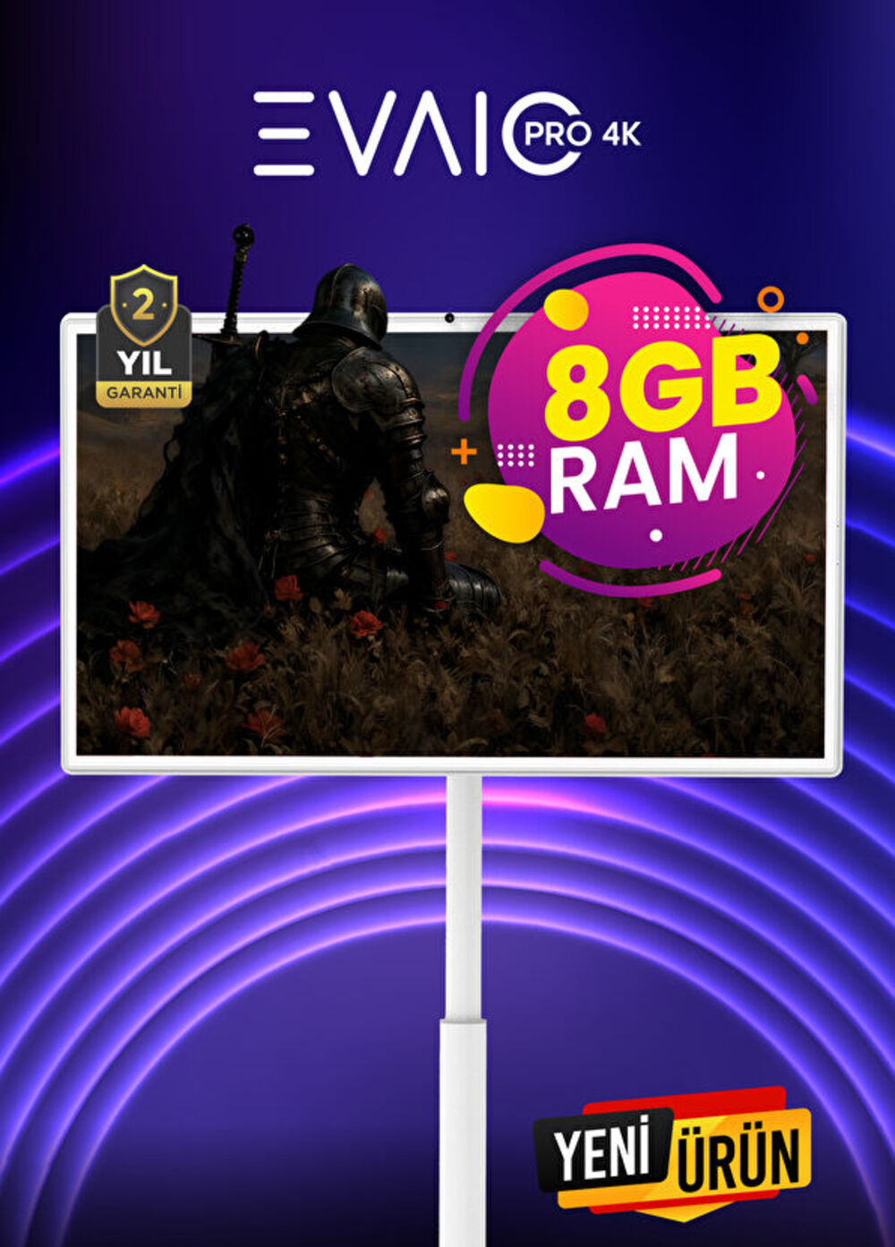 Ekranında şövalye olan bir dizüstü bilgisayar reklamı. 8 GB RAM, 2 yıl garanti ve yeni ürün etiketi var.
