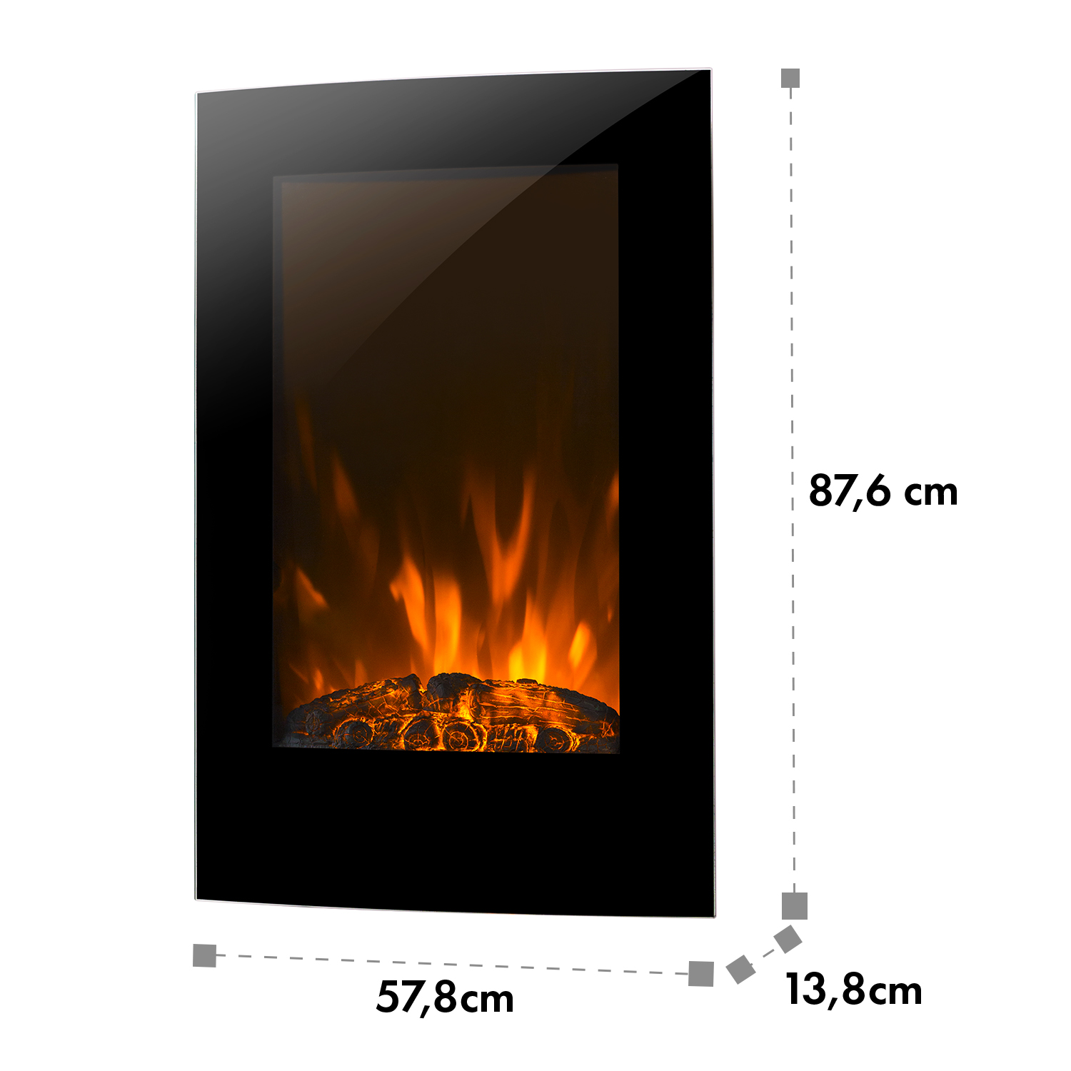 Ein schwarz gerahmter Elektrokamin mit Flammen. Die Abmessungen sind 87,6 cm hoch, 57,8 cm breit und 13,8 cm tief.
