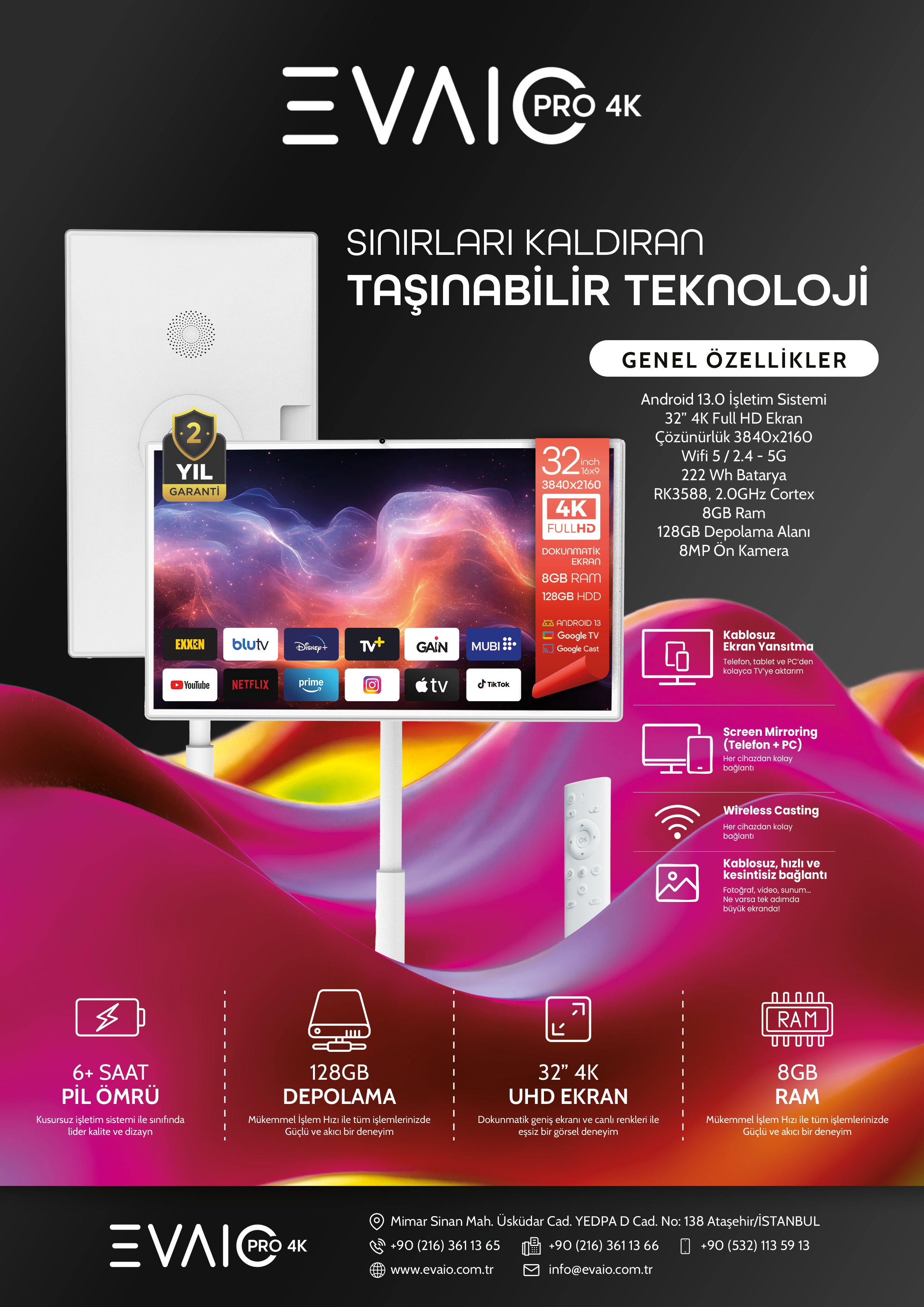 32 inç ekranlı beyaz bir TV, logolar ve özellikler sergileniyor. Ön planda bir uzaktan kumanda var.