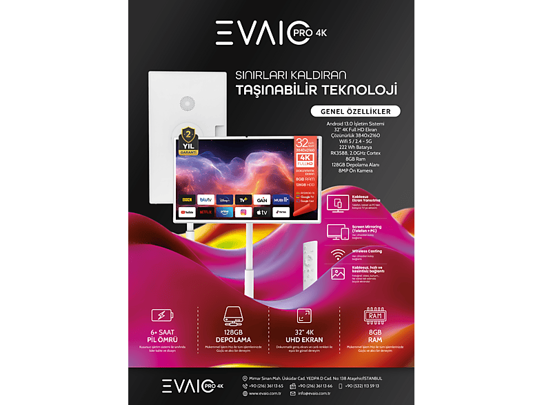 EVAIO Pro 4K Android Smart Full HD Taşınabilir 32 inç 81 cm 4K LED
