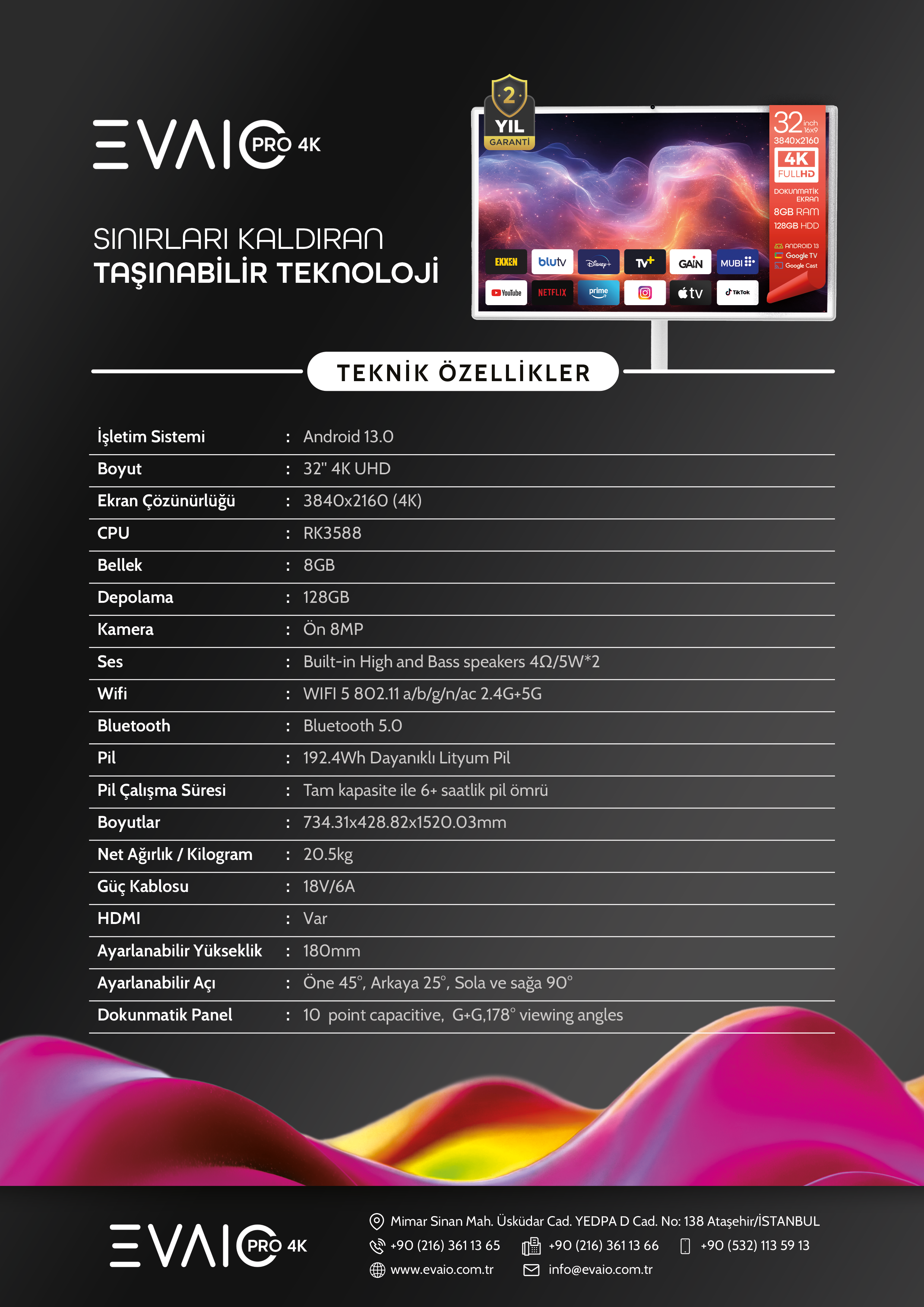 4K ekranlı beyaz bir TV, renkli grafikler görüntülüyor. Metin teknik özellikler ve marka bilgisi sunuyor.