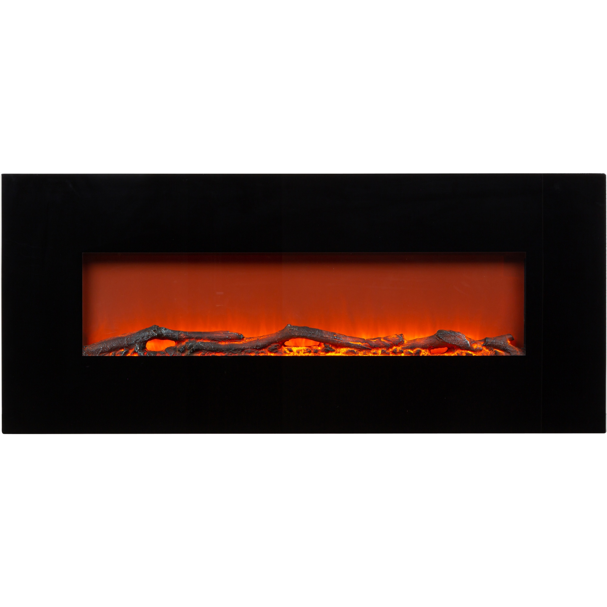 Caminetto elettrico con cornice nera. All'interno luce arancione e tronchi di legno decorativi.