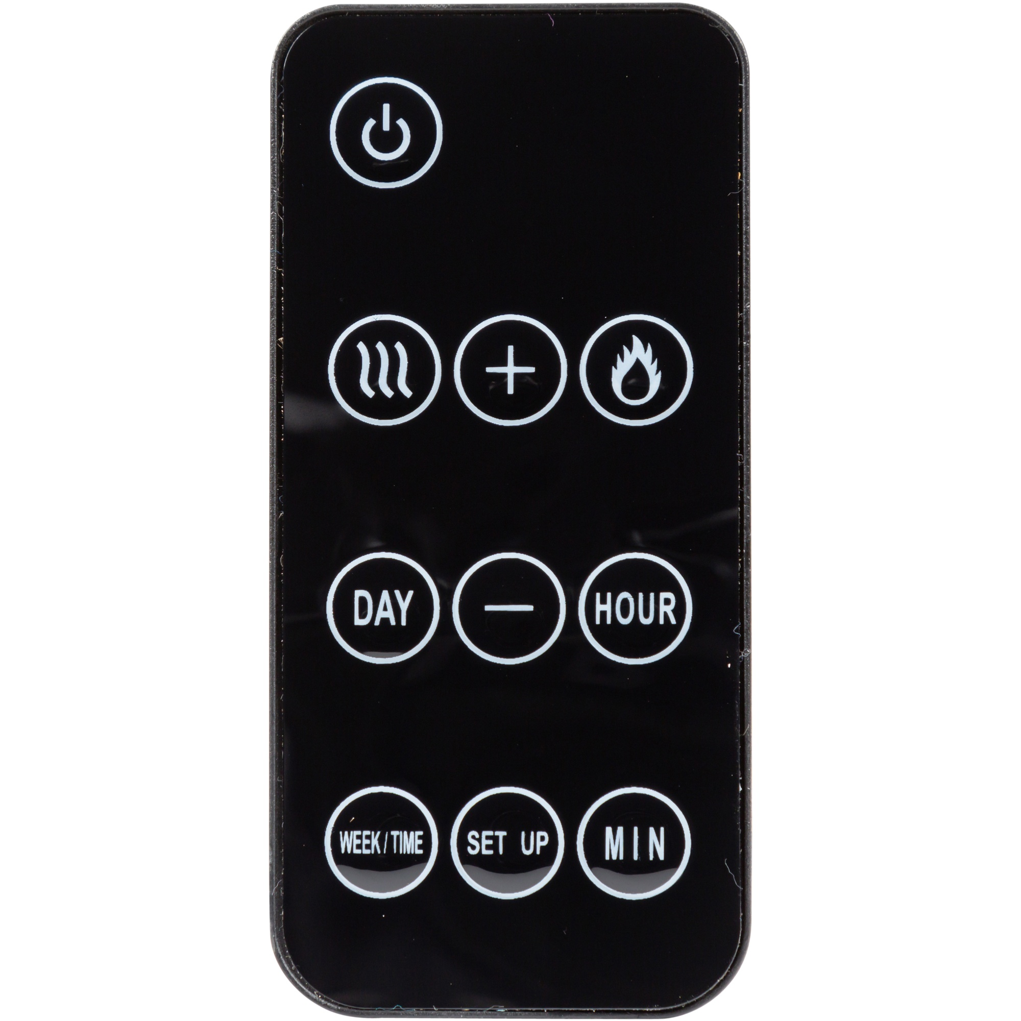 Telecomando nero con simboli bianchi: accensione, calore, più, fiamma, giorno, meno, ora, settimana/tempo, setup e min.