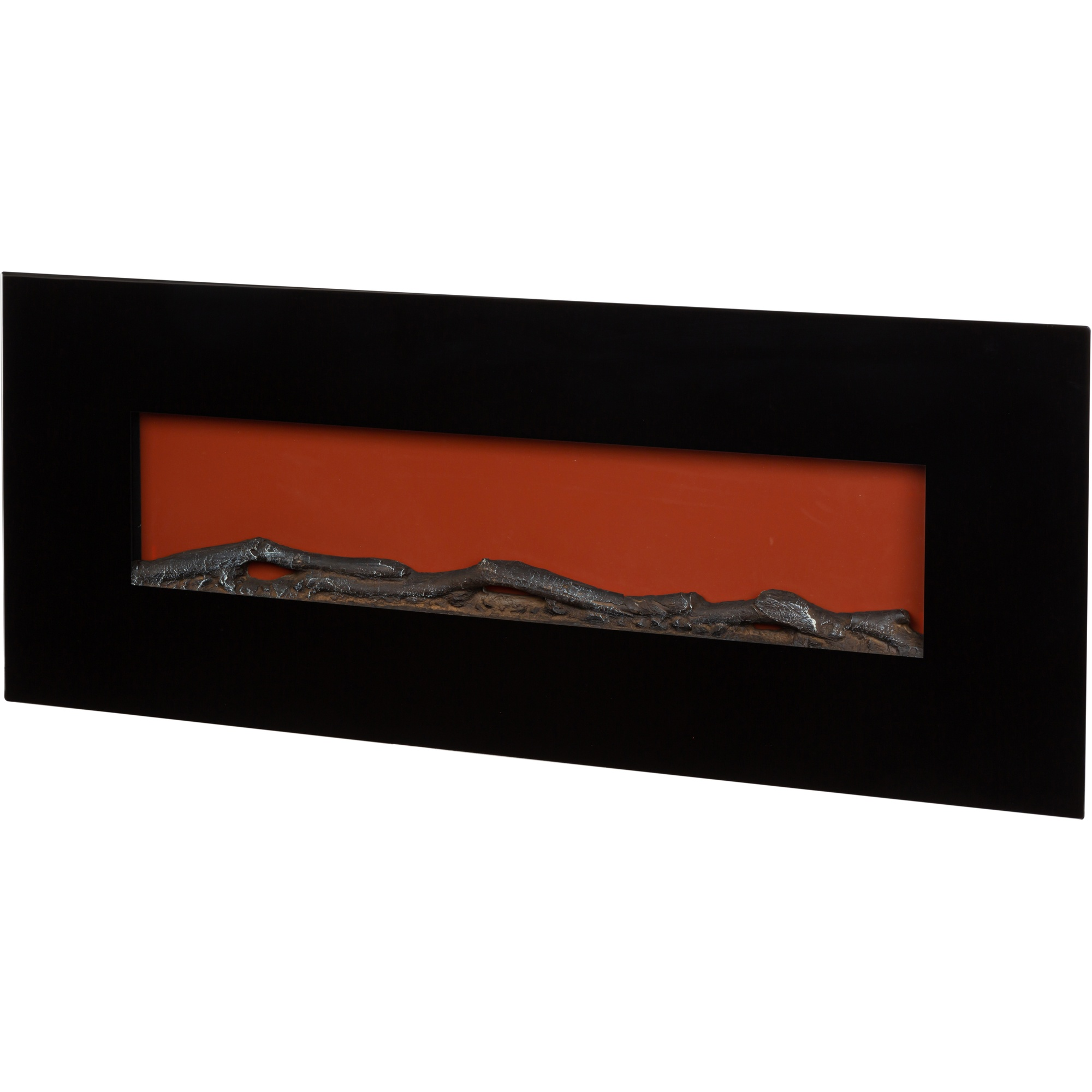 Caminetto elettrico rettangolare nero con interno arancione ed elemento decorativo a forma di fiamma grigio scuro.