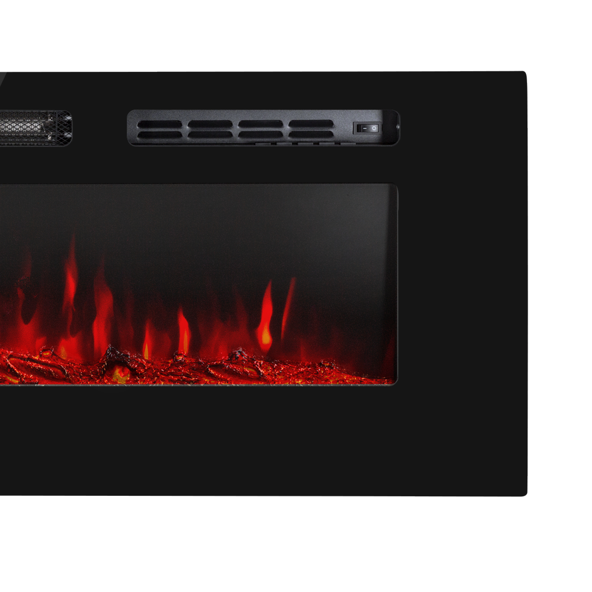Schwarzer elektrischer Kamin mit roten Flammen. Enthält Lüftungsschlitze, Netzschalter und einen schwarzen Rahmen.