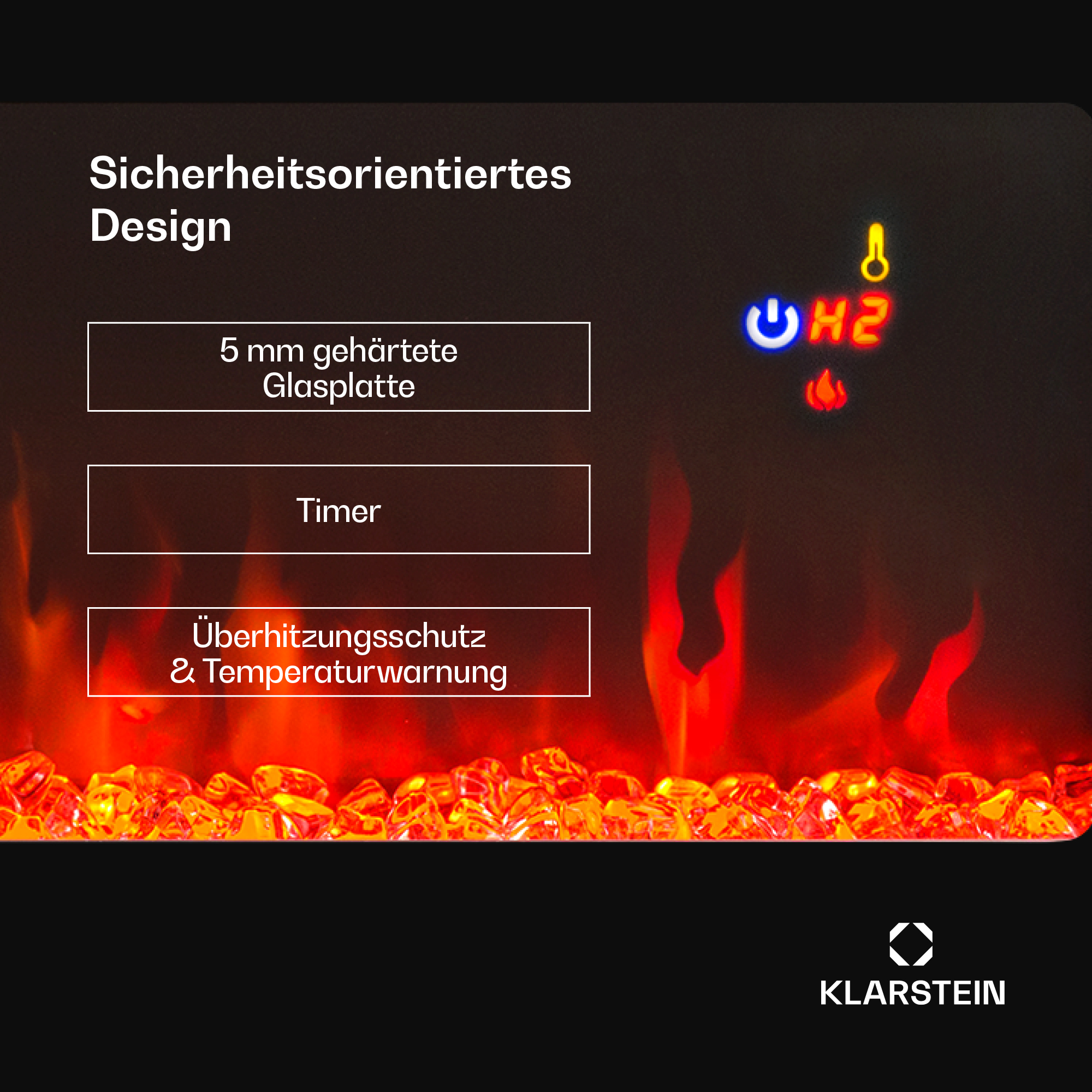 Das Bild zeigt einen elektrischen Kamin mit Sicherheitsmerkmalen. Text beschreibt Glas, Timer und Überhitzungsschutz. Leuchtende Anzeige oben.