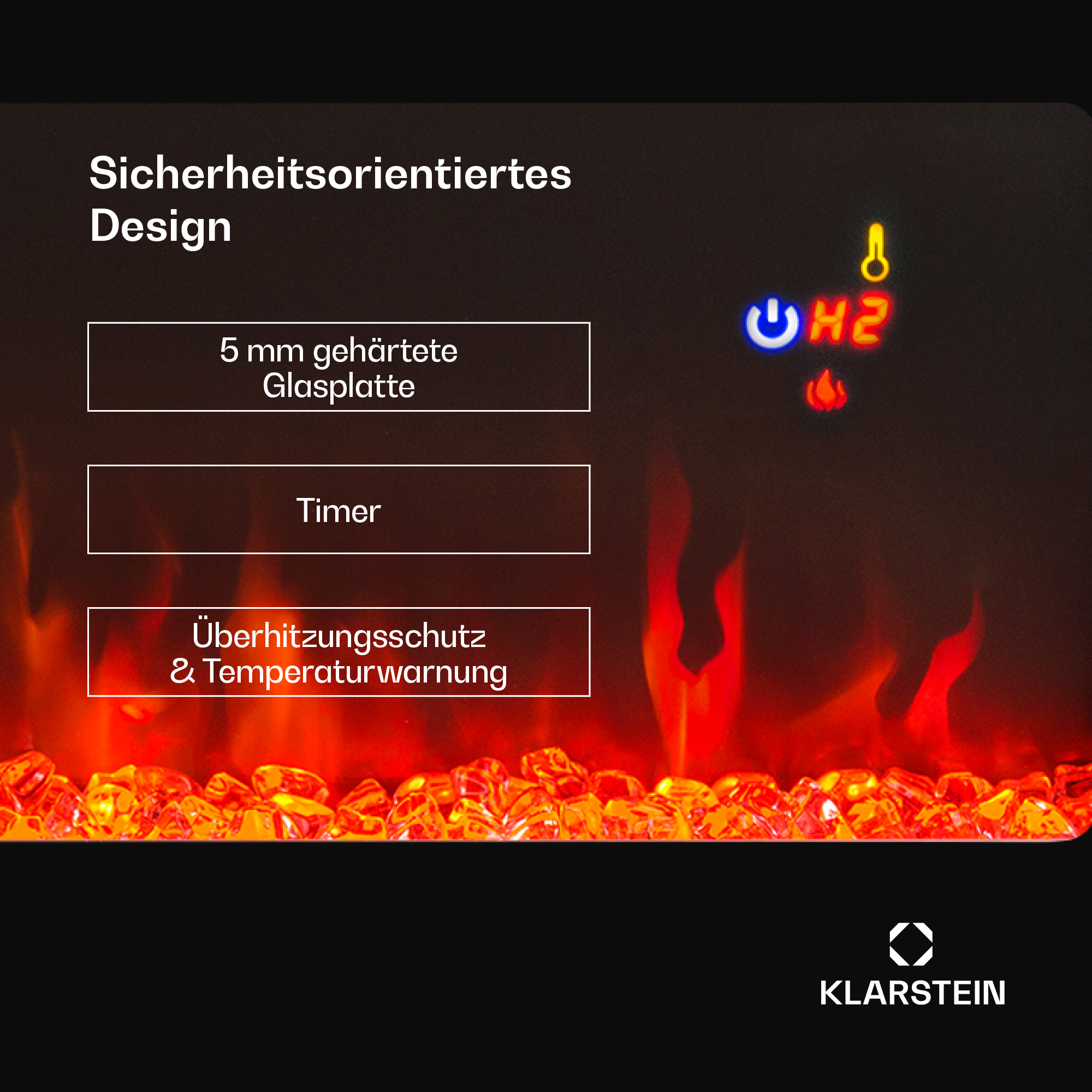Diseño de chimenea eléctrica con texto, visualización de llama e iconos de control. Incluye placa de vidrio, temporizador y protección contra sobrecalentamiento.