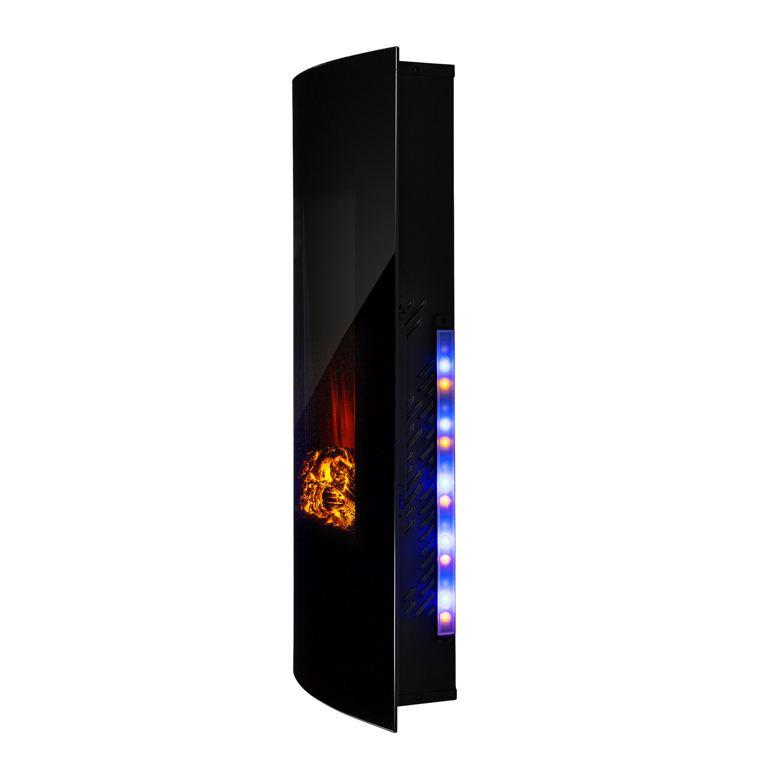 Carcasa de ordenador negra con frontal de cristal. En el interior, se ve un efecto de fuego. El lateral tiene una tira vertical de luces azules y moradas.