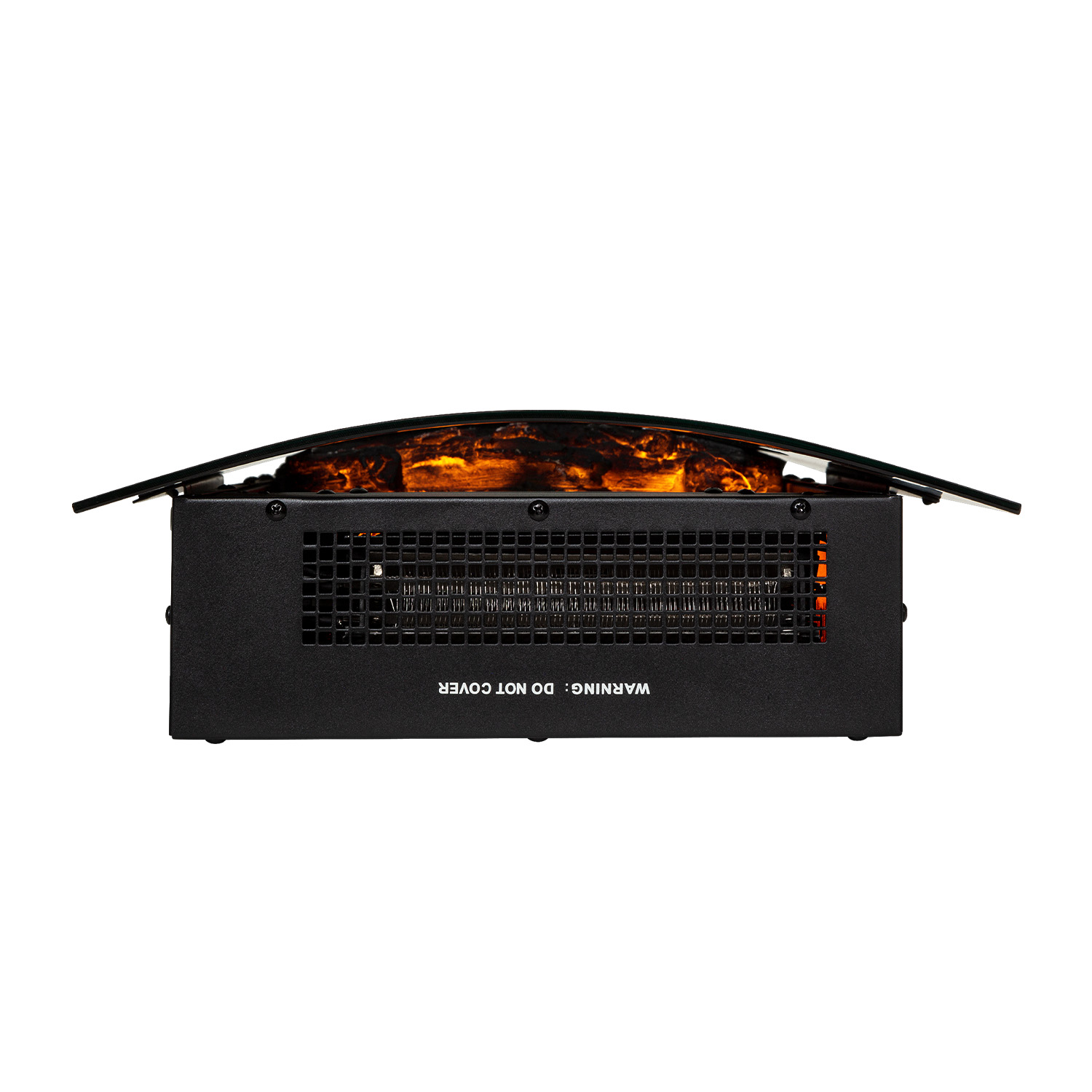 Una chimenea eléctrica negra con tapa de vidrio curvada. El efecto de fuego brilla en naranja. Texto: 'ADVERTENCIA: NO CUBRIR'.
