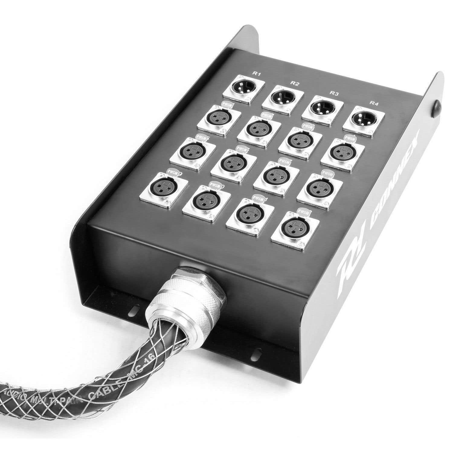 Caja de conectores de audio negra con múltiples entradas XLR, etiquetadas R1-R4, conectada a un cable etiquetado CABLE MC-16.
