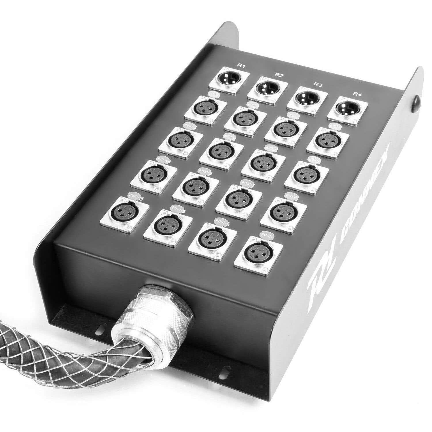 Una caja negra de conectores de audio con múltiples conectores XLR. Cable plateado adjunto. Las etiquetas dicen R1, R2, R3, R4. Algunas etiquetas dicen 'PUSH'.