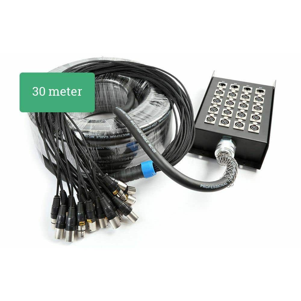 Un cable de audio negro con múltiples conectores. A la derecha hay una caja negra con varios puertos de entrada. Un rectángulo verde dice "30 metros".