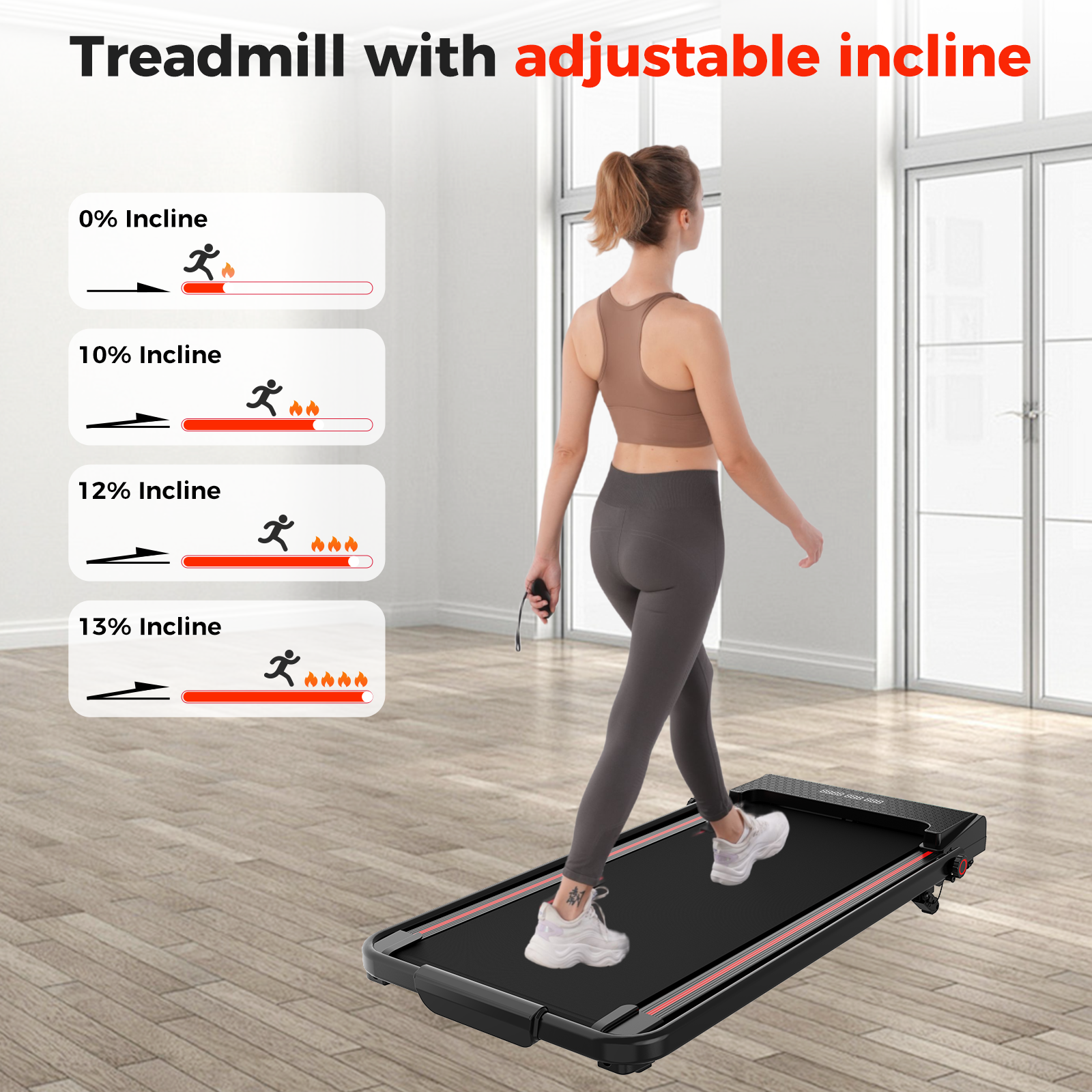 A woman walks on a black treadmill. Displays show incline levels. The background shows a room with large windows.