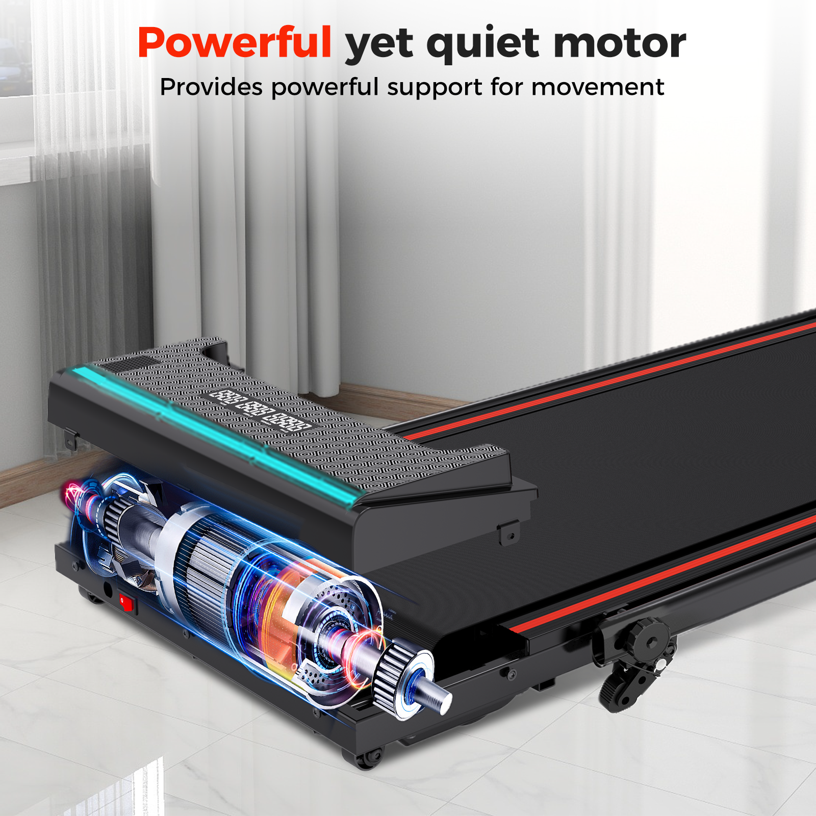 Treadmill with exposed motor. Black with red stripes. Text: Powerful yet quiet motor. Provides support for movement.