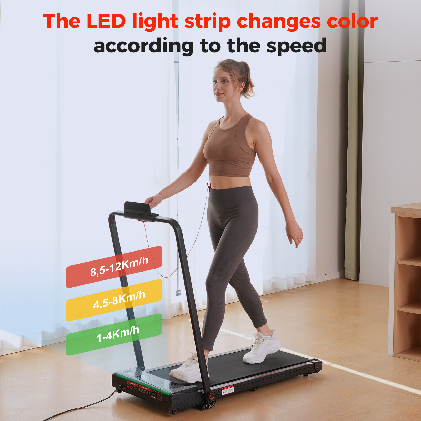 A woman walks on a treadmill. The speed is indicated by colored bars. Text reads: The LED light strip changes color.