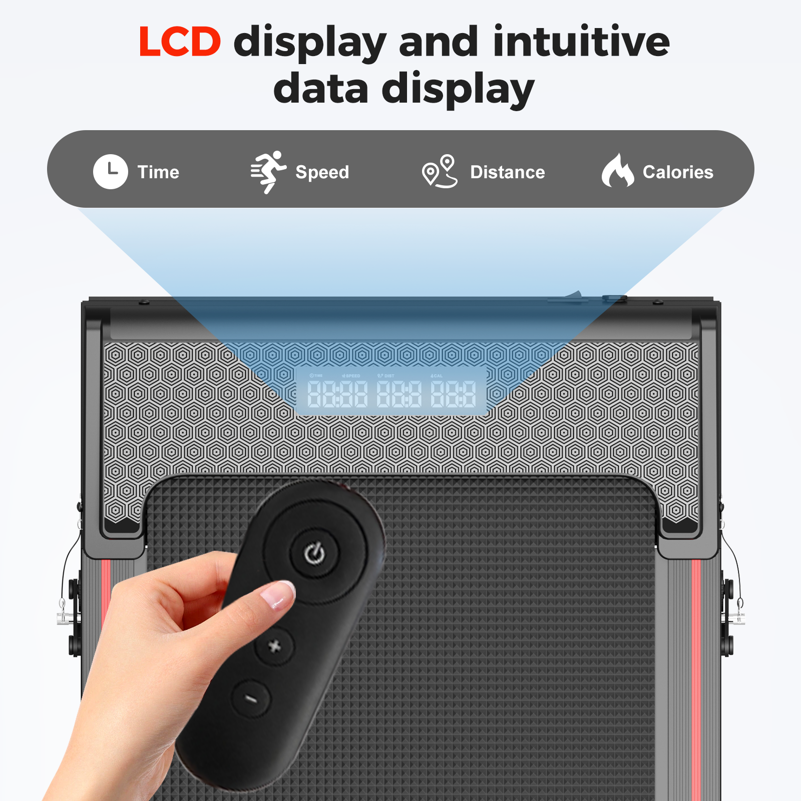 Treadmill display shows time, speed, distance, and calories. A hand holds a remote with power and control buttons.