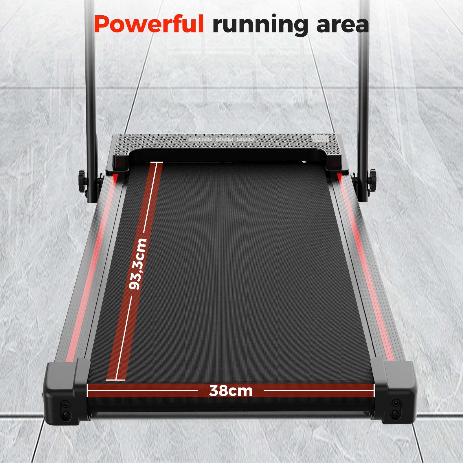 A treadmill with red accents, measuring 93.3cm long and 38cm wide, displayed on a textured gray background.