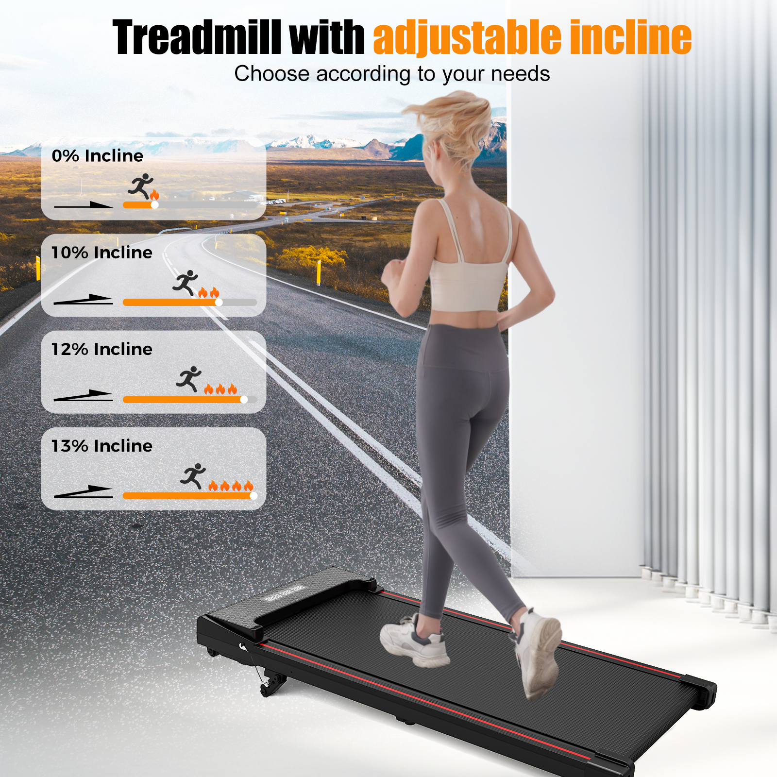 A woman runs on a treadmill. The image includes incline options, a road background, and text about the treadmill.