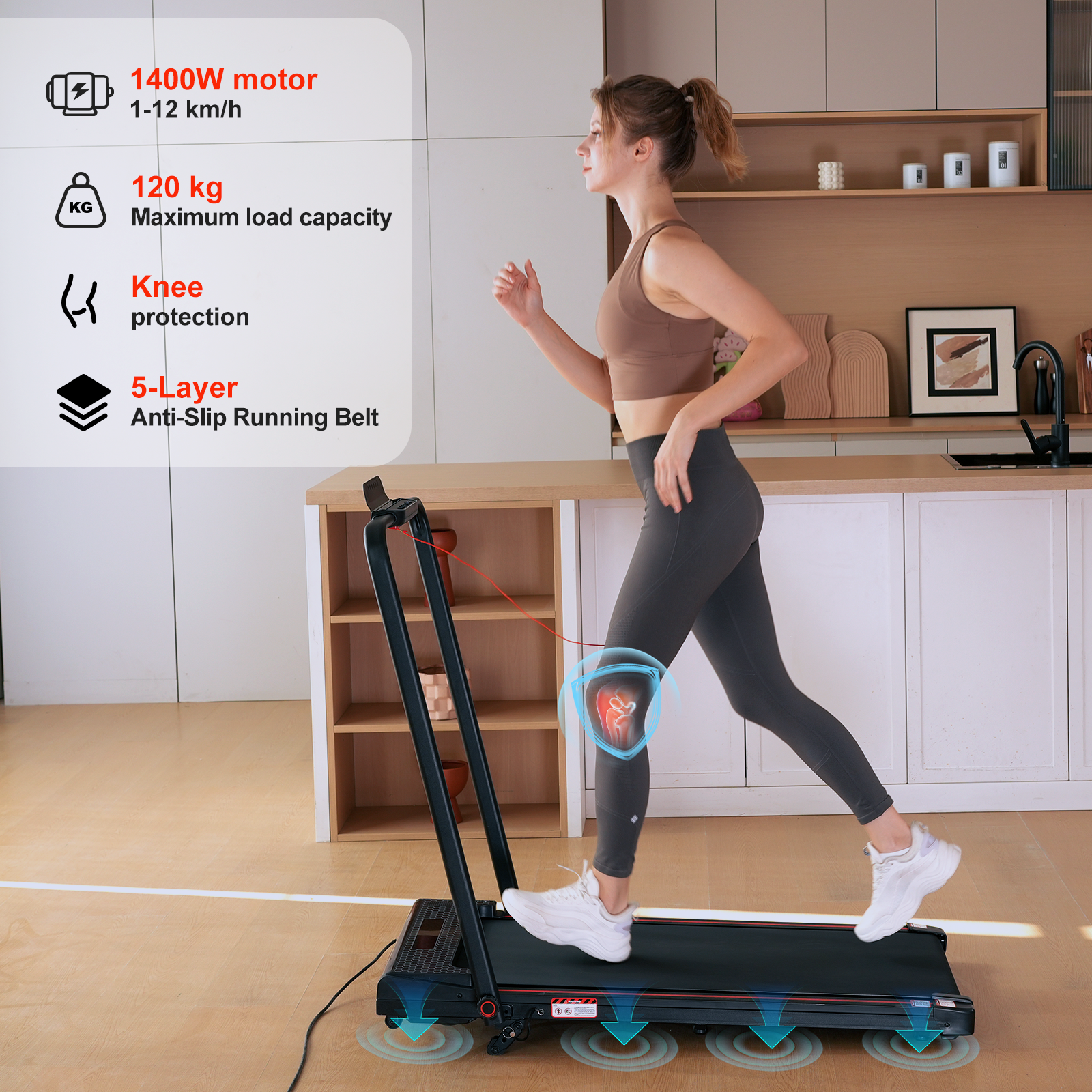 A woman runs on a treadmill. The image displays product features such as a motor, maximum load capacity, knee protection, and running belt.