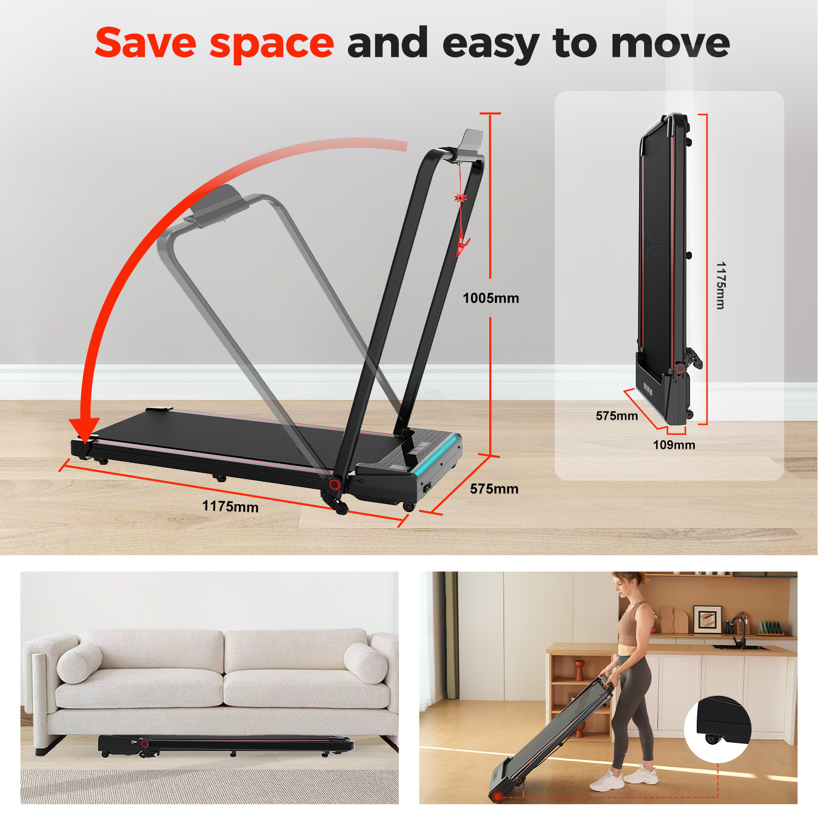 Treadmill, folded and unfolded. Dimensions shown. Woman lifting treadmill, placed near a sofa, and near kitchen.