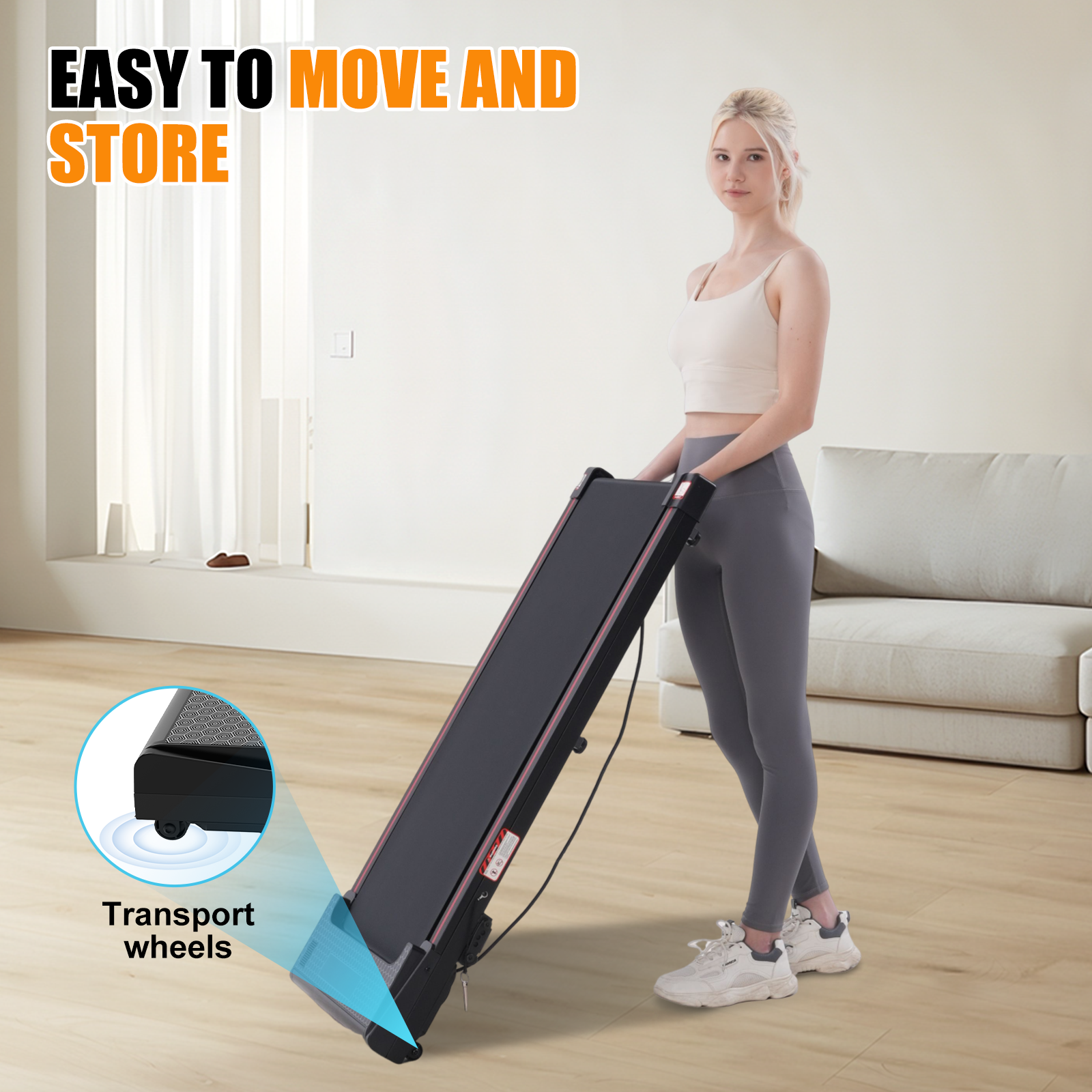 Woman holding a black treadmill with transport wheels. Background shows a white sofa and wall.