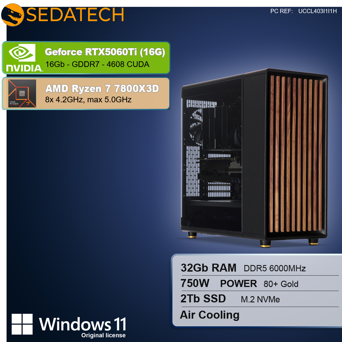 Un case per computer con dettagli in legno. Specifiche: RTX 5060Ti, Ryzen 7 7800X3D, 32GB RAM, alimentatore 750W e SSD 2TB.
