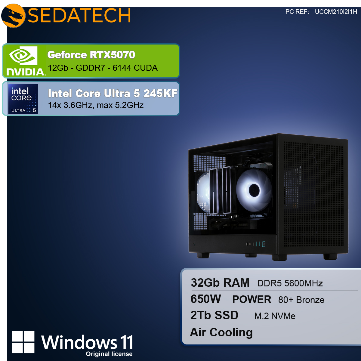 Pokazano obudowę komputera ze składnikami: Geforce RTX5070, Intel Core Ultra 5, 32 GB RAM, 2 TB SSD i Windows 11.