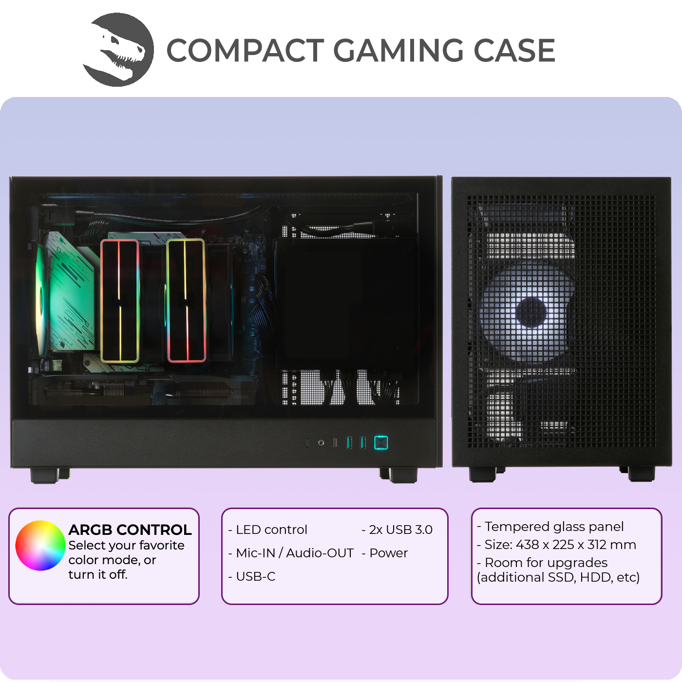 Czarna kompaktowa obudowa do gier ze szkłem hartowanym i panelem z siatki. Posiada kontrolę ARGB, kontrolę LED, porty USB i miejsce na rozbudowę.