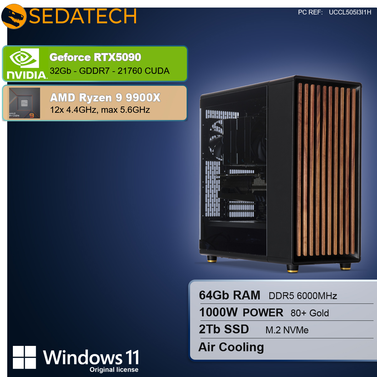 Un case per computer con dettagli in legno. Le specifiche includono RTX 5090, Ryzen 9 9900X, 64 GB RAM, 2 TB SSD e Windows 11.