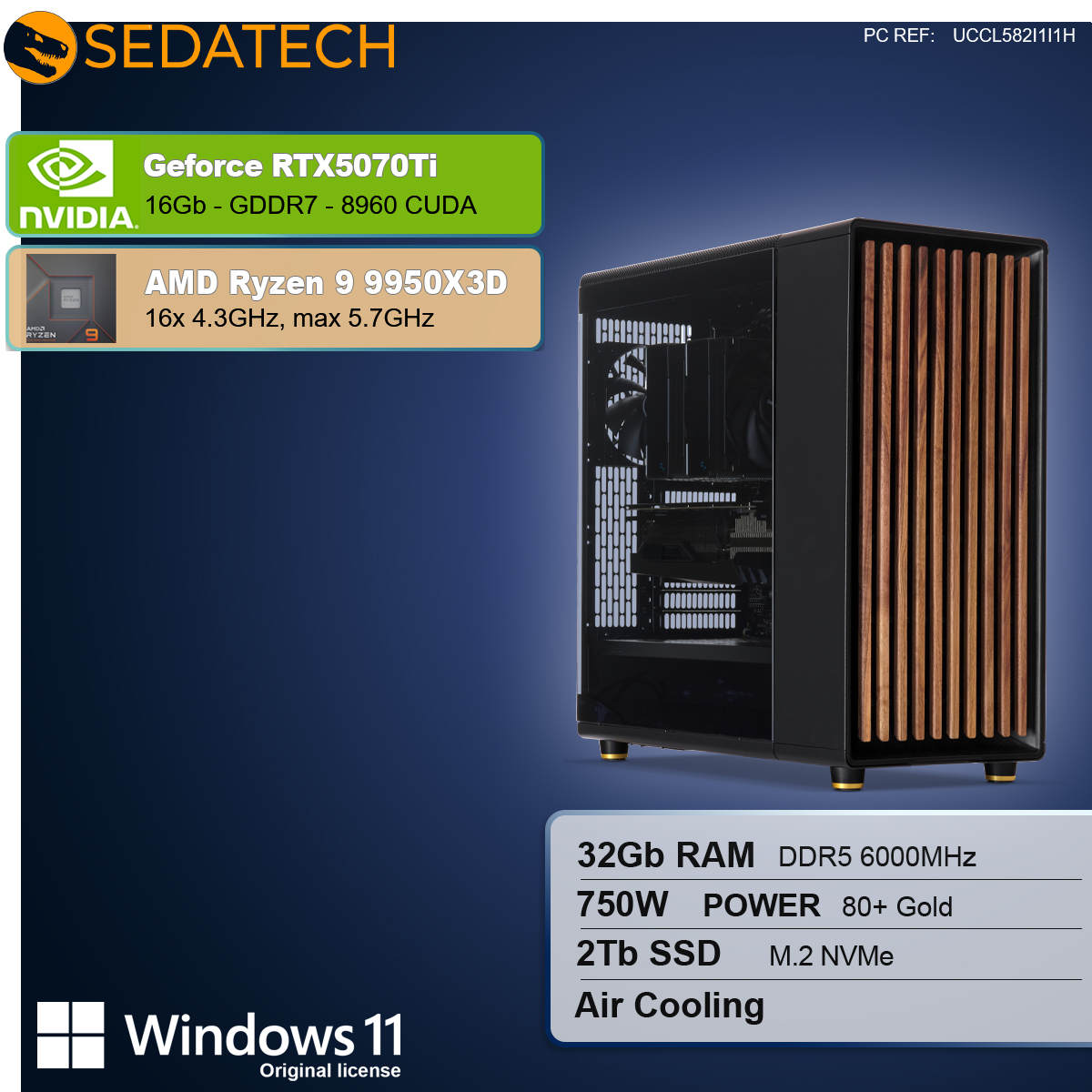 Un case per computer con dettagli in legno. Le specifiche includono RTX5070Ti, Ryzen 9, 32 GB di RAM, 2 TB SSD e Windows 11.