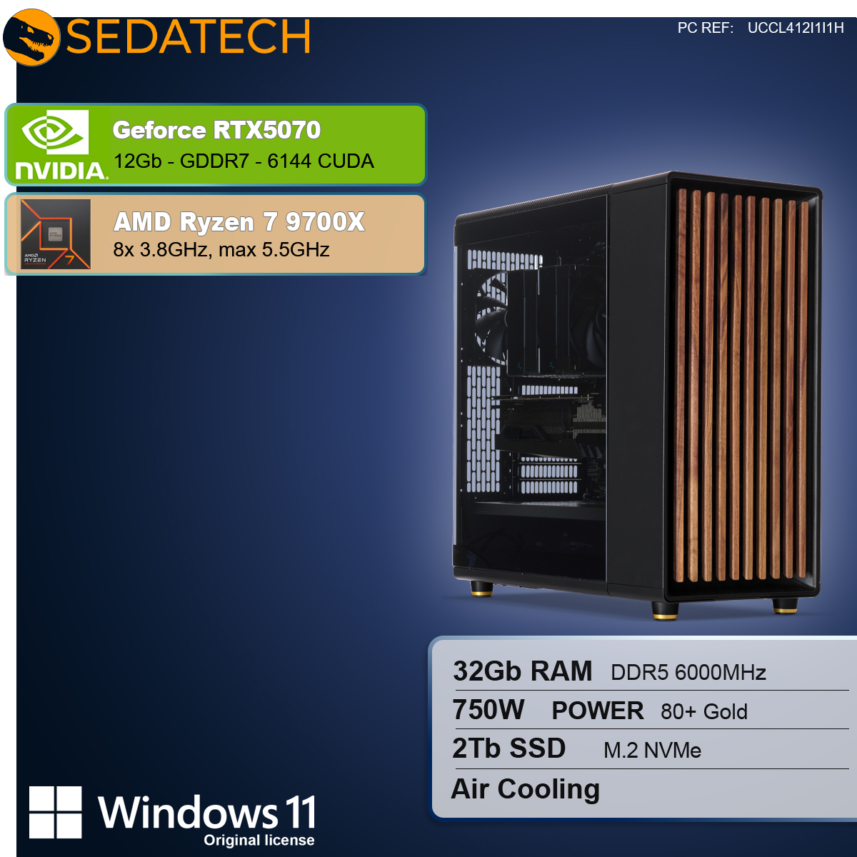 Un case per computer con pannelli in legno. Le specifiche includono GeForce RTX5070, AMD Ryzen 7 9700X, 32 GB RAM, 2 TB SSD e Windows 11.