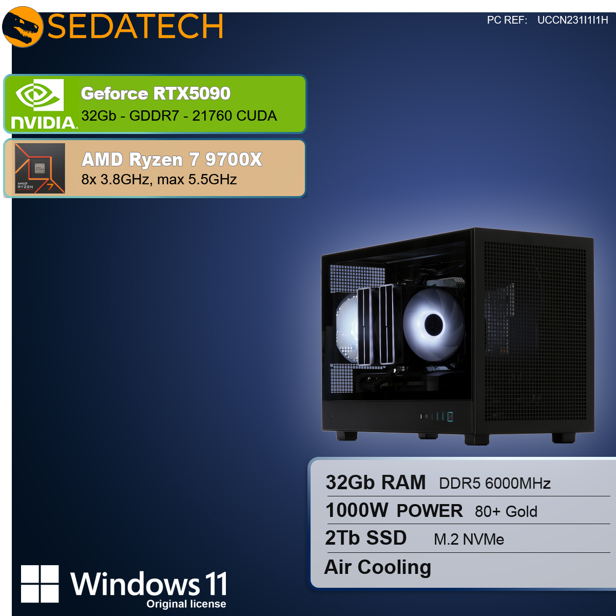 Obudowa komputera ze szczegółowymi komponentami. Specyfikacje obejmują RTX5090, Ryzen 7 9700X, 32GB RAM, 2TB SSD i Windows 11.