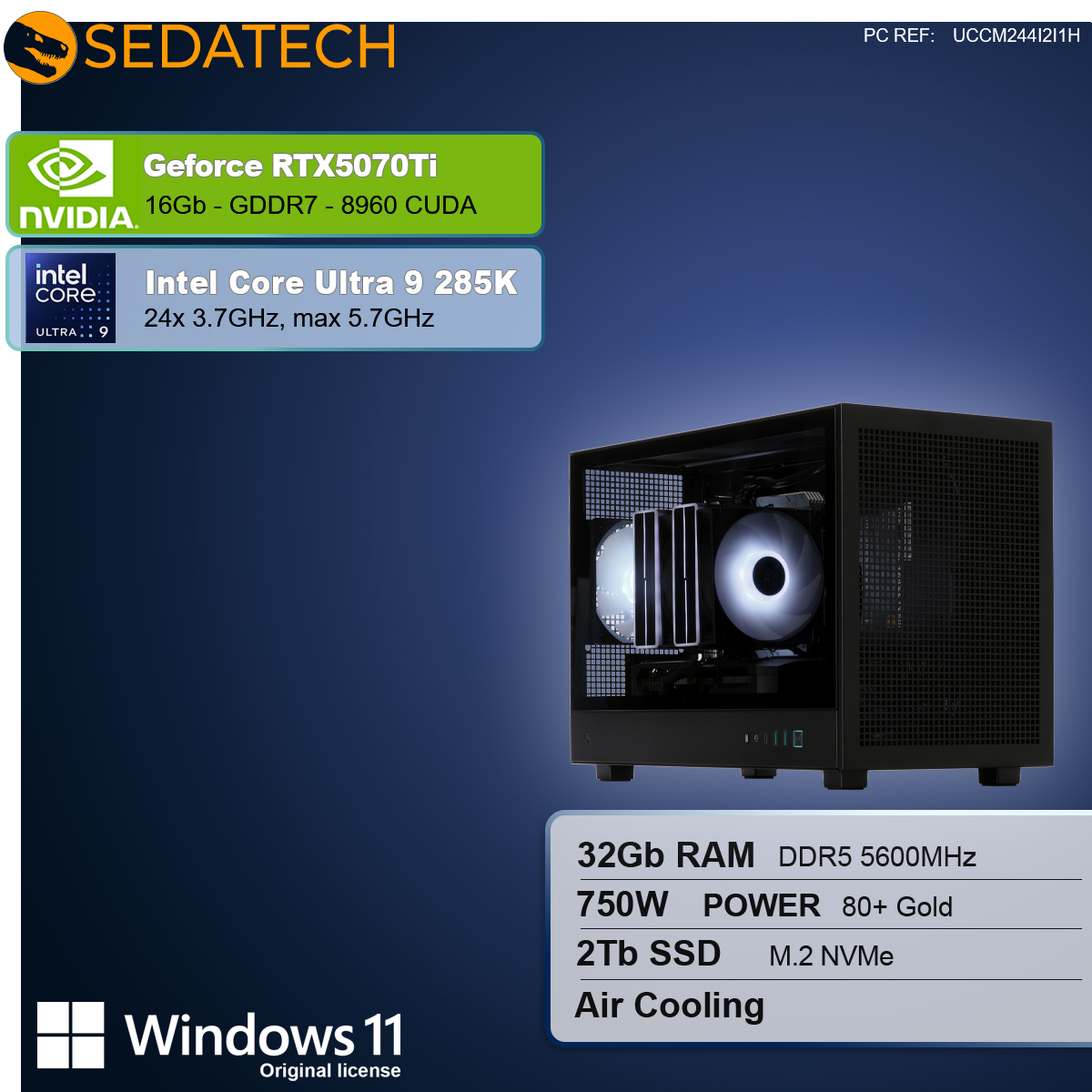 Obudowa komputera z wymienionymi komponentami. Zawiera GeForce RTX5070Ti, Intel Core Ultra 9, 32GB RAM, zasilacz 750W i dysk SSD 2TB.