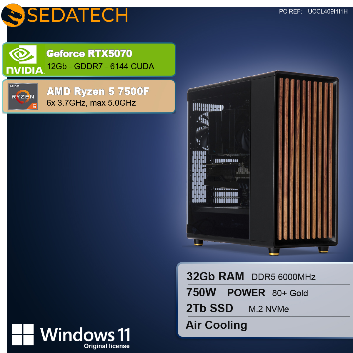 Un case per computer con specifiche NVIDIA Geforce RTX5070 e AMD Ryzen 5 7500F, 32GB RAM, alimentazione 750W, 2Tb SSD e Windows 11.