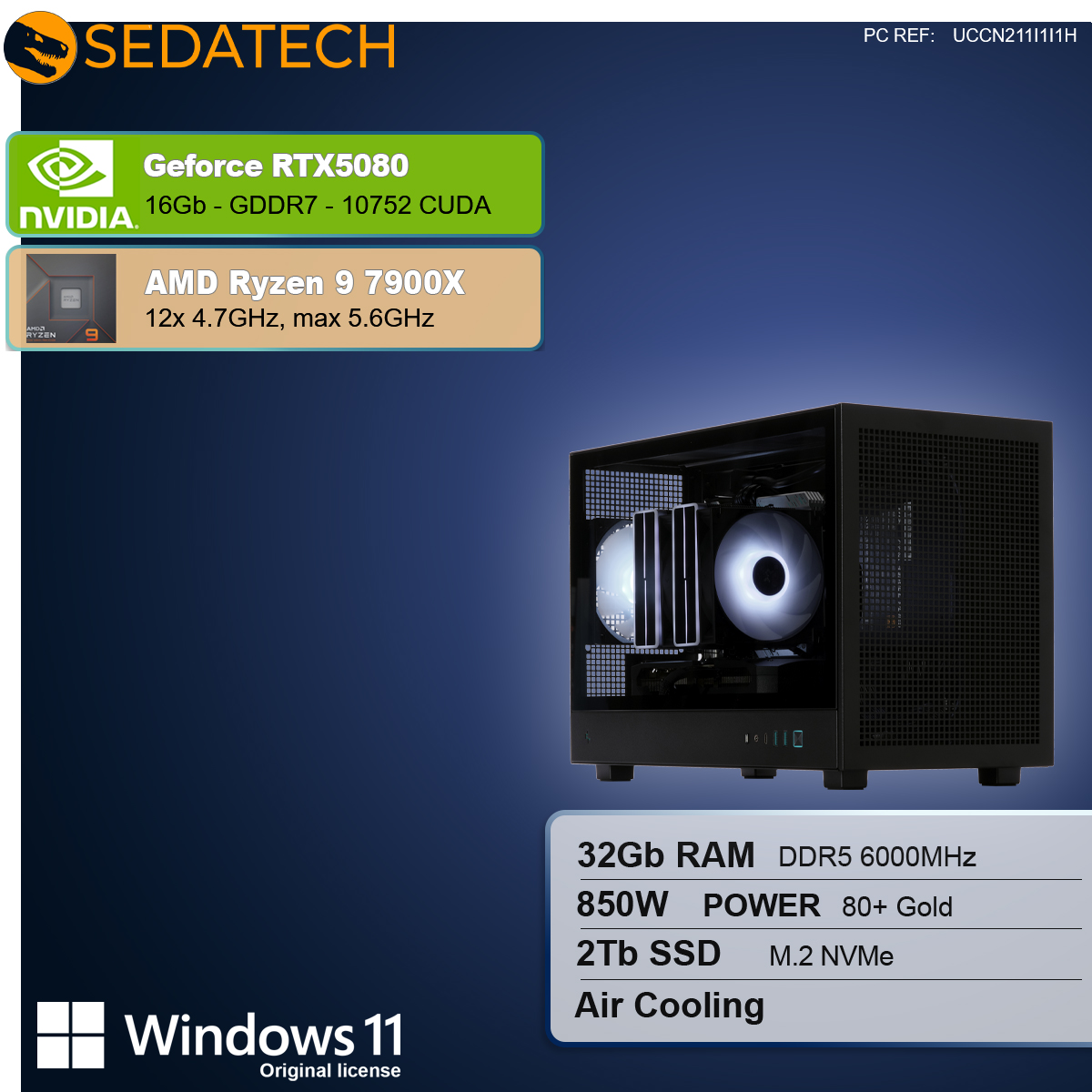 Obudowa komputera z wyświetlonymi komponentami, w tym kartą graficzną, procesorem, pamięcią RAM, dyskiem SSD i zasilaczem. Obudowa jest czarna.