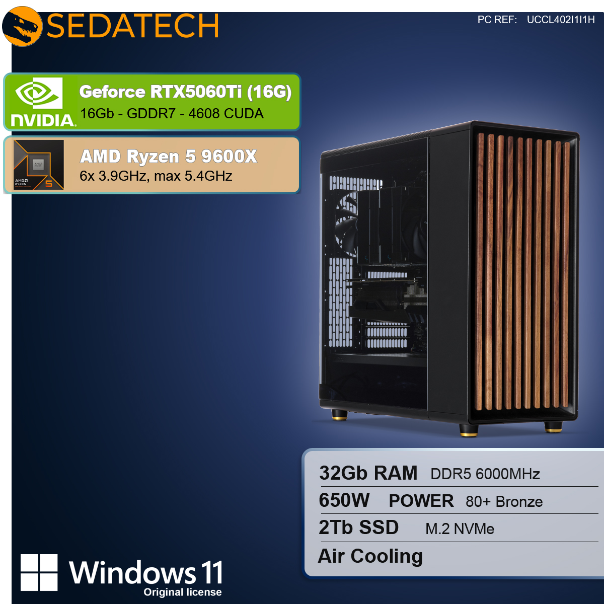 Un case per computer con pannello frontale in legno, specifiche: RTX5060Ti, Ryzen 5 9600X, 32GB RAM, 2TB SSD e Windows 11.