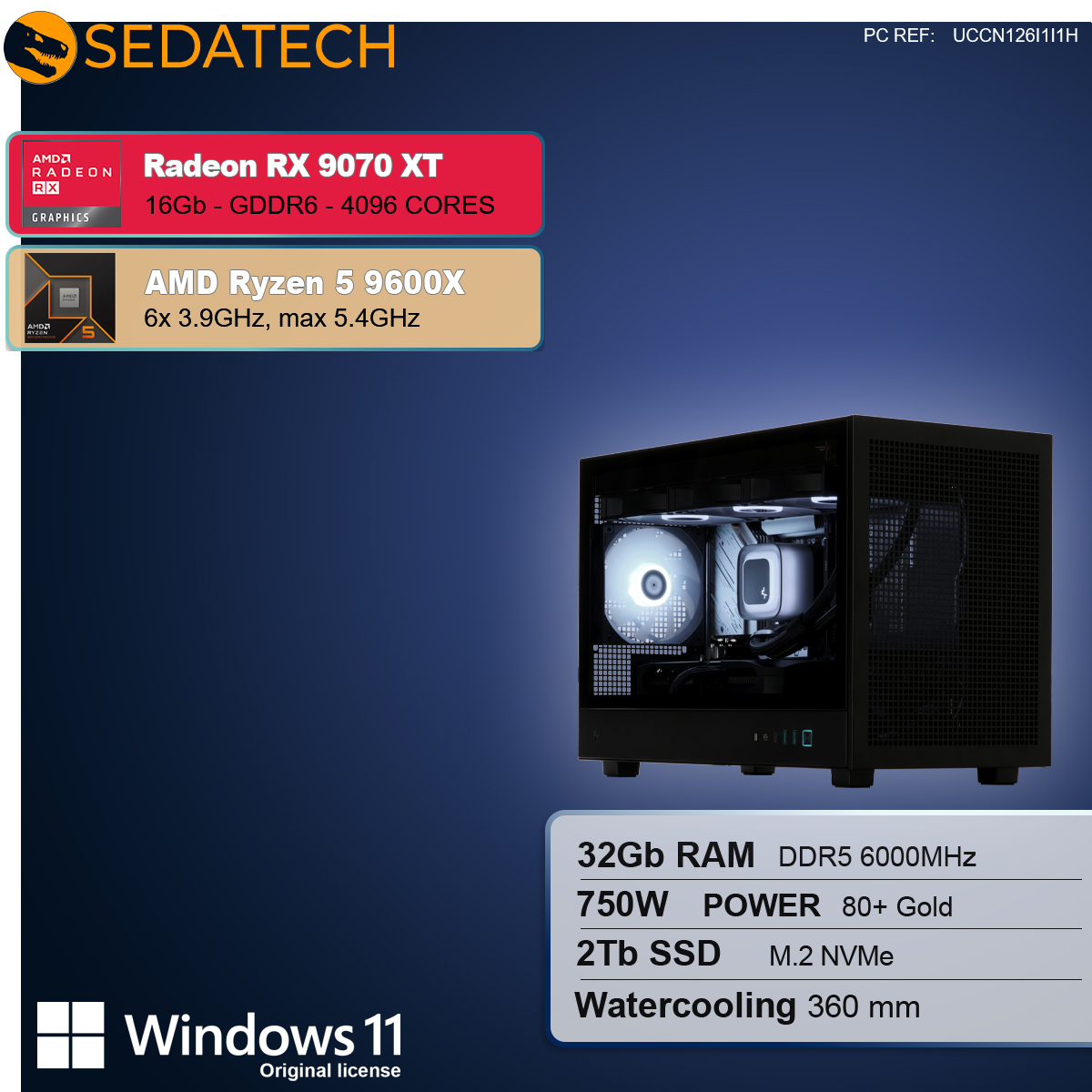 Un case per computer con componenti, tra cui Radeon RX 9070 XT, Ryzen 5 9600X, 32 GB RAM, 2 TB SSD e raffreddamento a liquido.