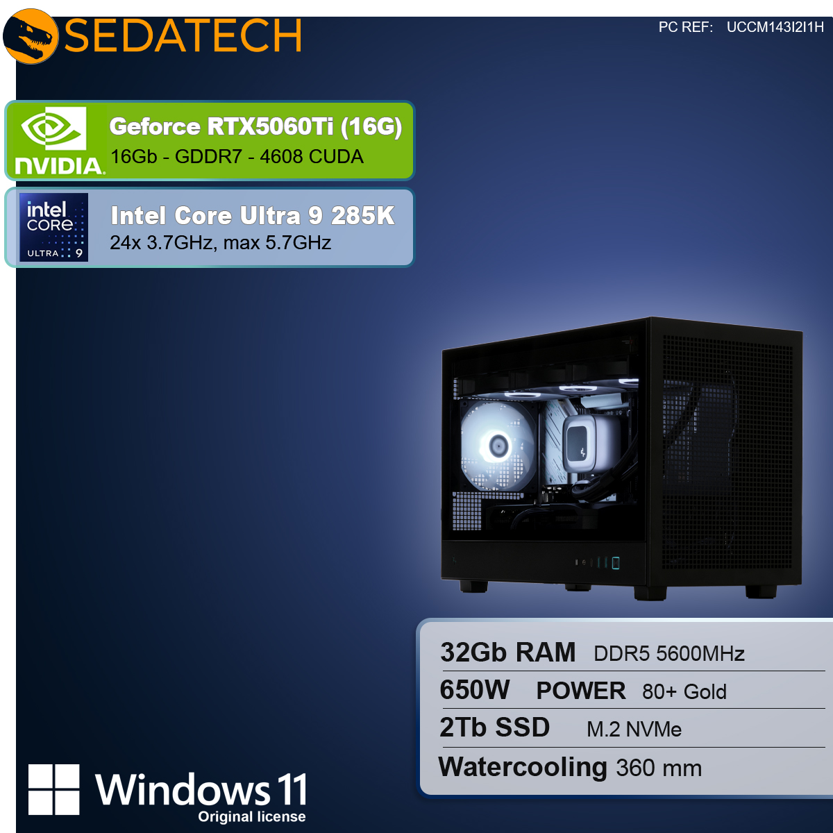 Czarna obudowa komputera z komponentami. Tekst wyświetla specyfikacje: RTX5060Ti, Intel Core Ultra 9, 32GB RAM, zasilacz 650W, 2TB SSD i Windows 11.