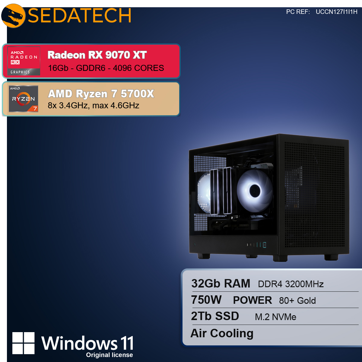 Pokazano obudowę komputera z komponentami. Specyfikacje obejmują Radeon RX 9070 XT, AMD Ryzen 7 5700X, 32 GB RAM, 2 TB SSD i Windows 11.