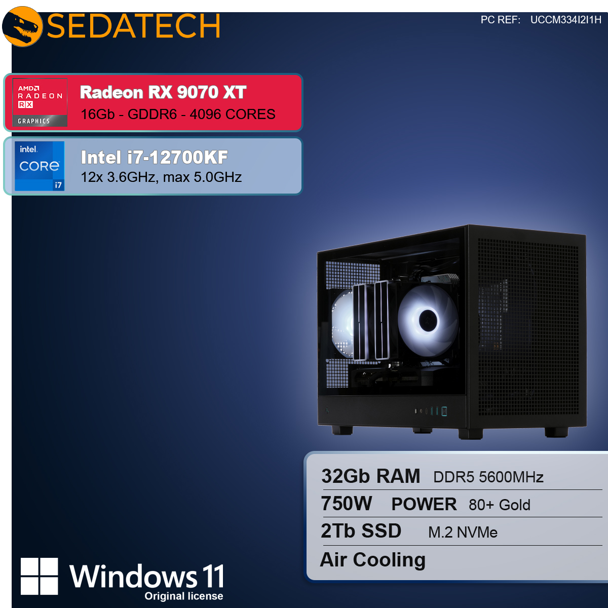 Ein Computergehäuse auf dunkelblauem Hintergrund. Spezifikationen: Radeon RX 9070 XT, Intel i7, 32 GB RAM, 2 TB SSD, Luftkühlung und Windows 11.