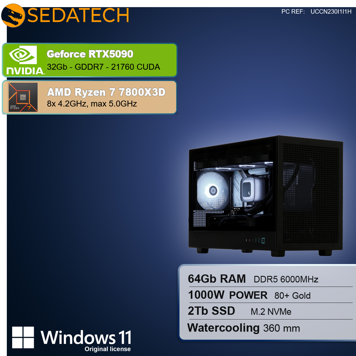 Czarna obudowa komputera z podświetlonymi elementami w środku. Specyfikacje obejmują RTX5090, Ryzen 7, 64 GB RAM, zasilacz 1000W, dysk SSD 2TB i chłodzenie wodne.