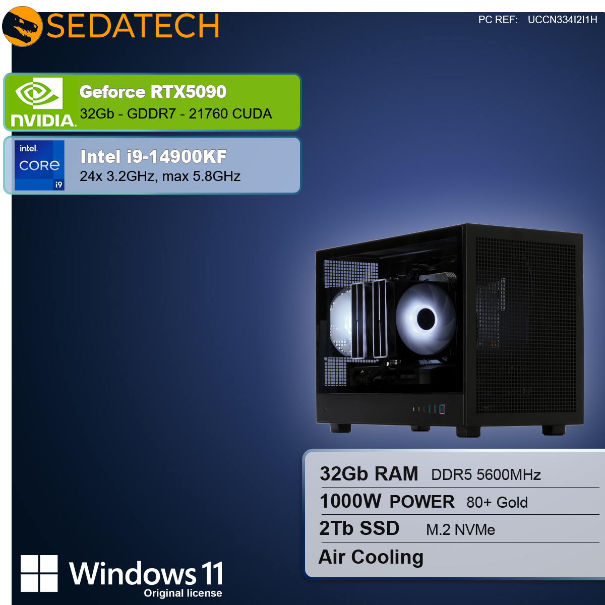 Case per computer nero con componenti. Include Nvidia Geforce RTX5090, Intel i9-14900KF, 32GB RAM, 2TB SSD e Windows 11.