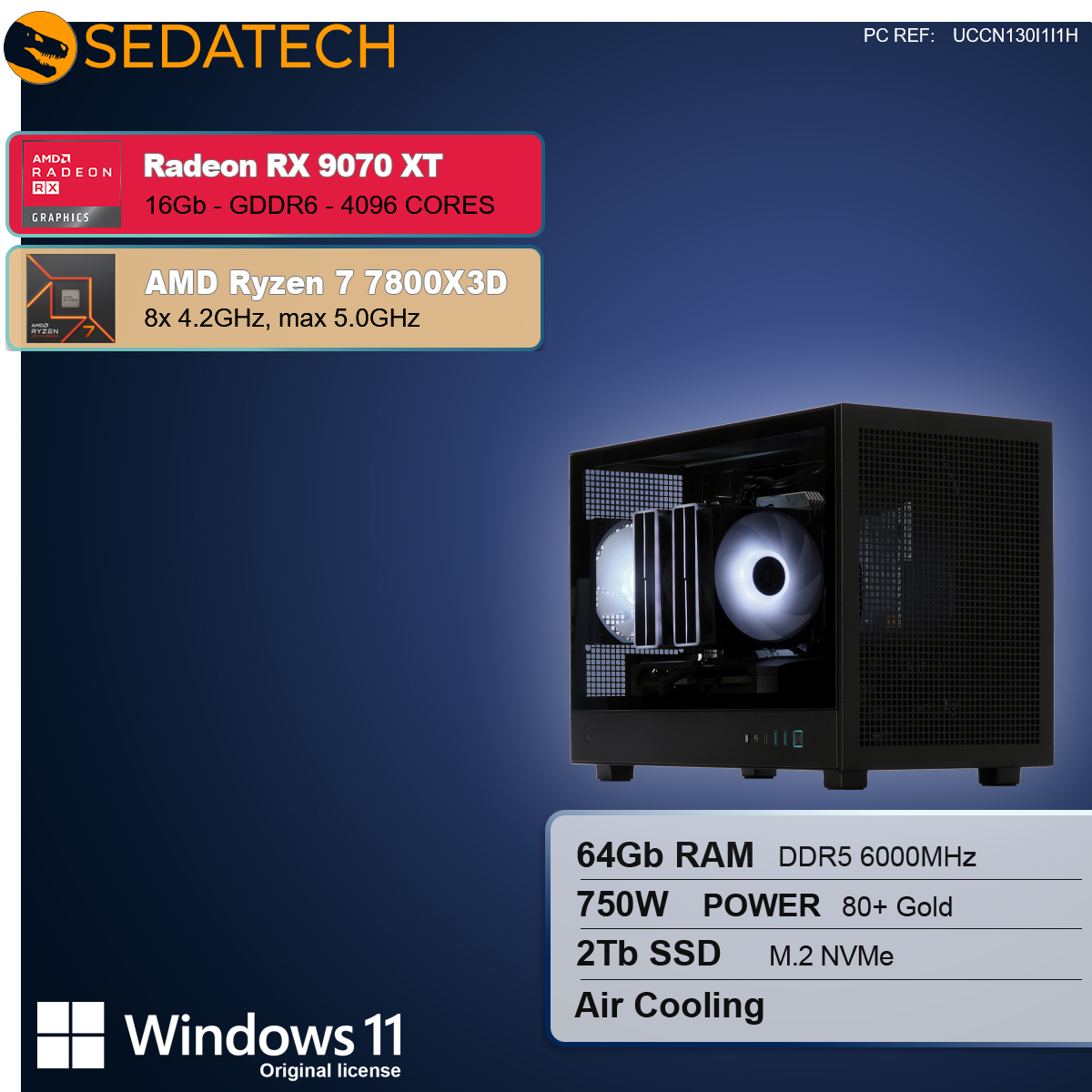 Viene mostrato un case per computer con componenti. Dettagli testuali Radeon RX 9070 XT, Ryzen 7 7800X3D, 64 GB RAM, 2 TB SSD e raffreddamento ad aria.