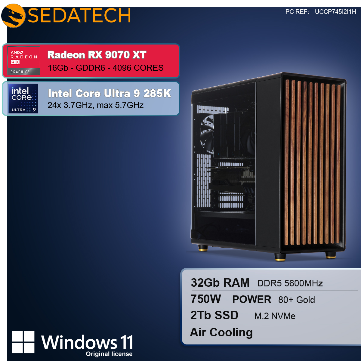 Obudowa komputera z drewnianymi panelami przednimi. Specyfikacje obejmują Radeon RX 9070 XT, Intel Core Ultra 9 285K, 32 GB RAM, 2 TB SSD i Windows 11.