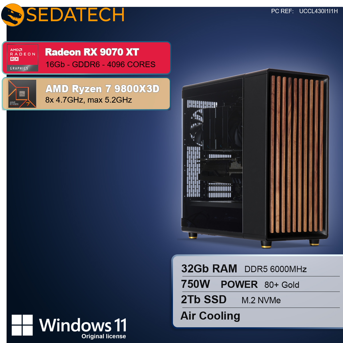 Un case per computer con dettagli in legno. Le specifiche includono Radeon RX 9070 XT, Ryzen 7 9800X3D, 32GB RAM, 2TB SSD e Windows 11.