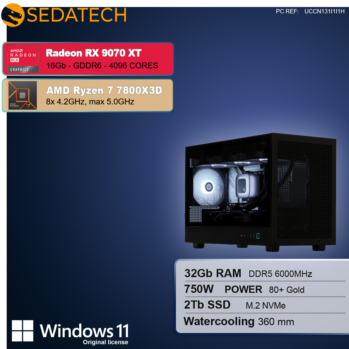Un case per computer con componenti. Include Radeon RX 9070 XT, Ryzen 7 7800X3D, 32 GB RAM, alimentatore 750W, SSD 2TB e raffreddamento a liquido.