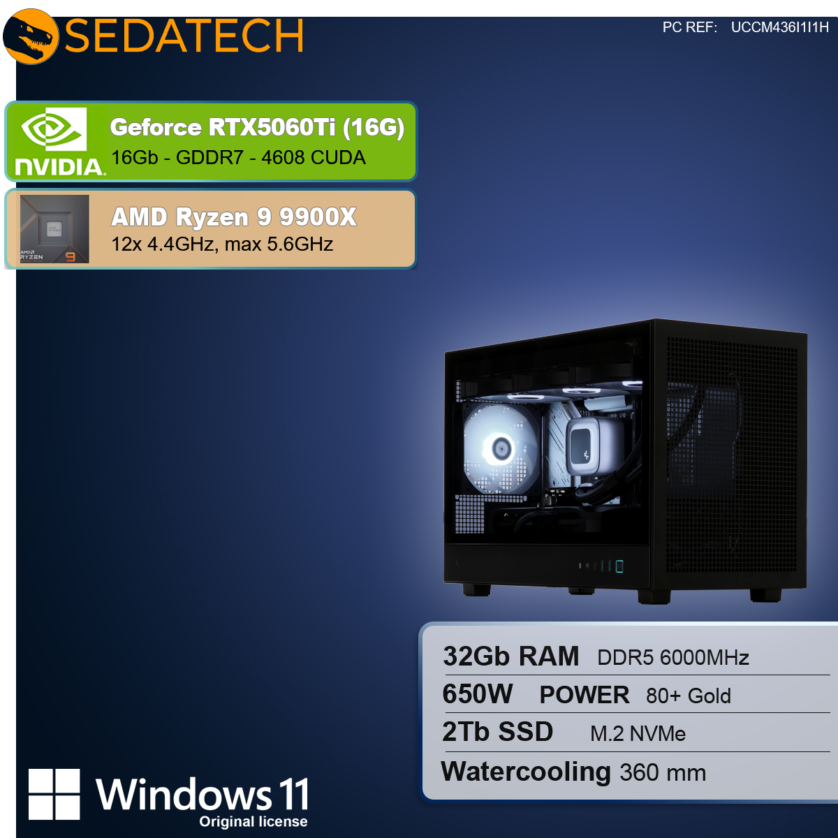 Viene mostrato un case per computer con componenti. Le specifiche includono GPU Nvidia, CPU AMD Ryzen, RAM, SSD e sistema di raffreddamento a liquido.