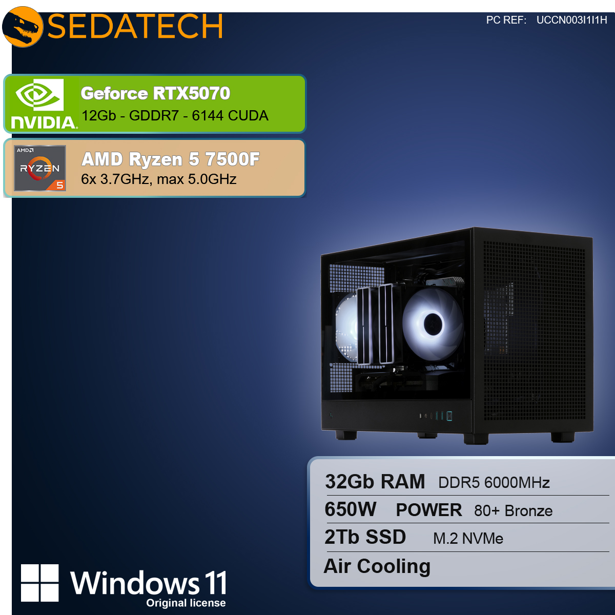 Obudowa komputera z komponentami. Zawiera Nvidia Geforce RTX5070, AMD Ryzen 5 7500F, 32 GB RAM, 2 TB SSD i Windows 11.